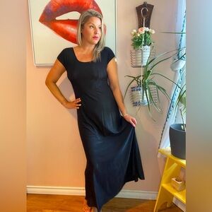 Vintage Black Sheath Maxi Dress with Cap Sleeves